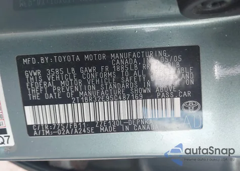 2005 Toyota Corolla Le из США, поврежденный, VIN 2T1BR32E95C487169